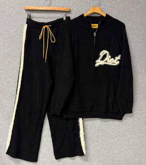Diet Starts Monday Waffle Knit 2pc Set Black Mohair Stripe Jacket Pants Medium